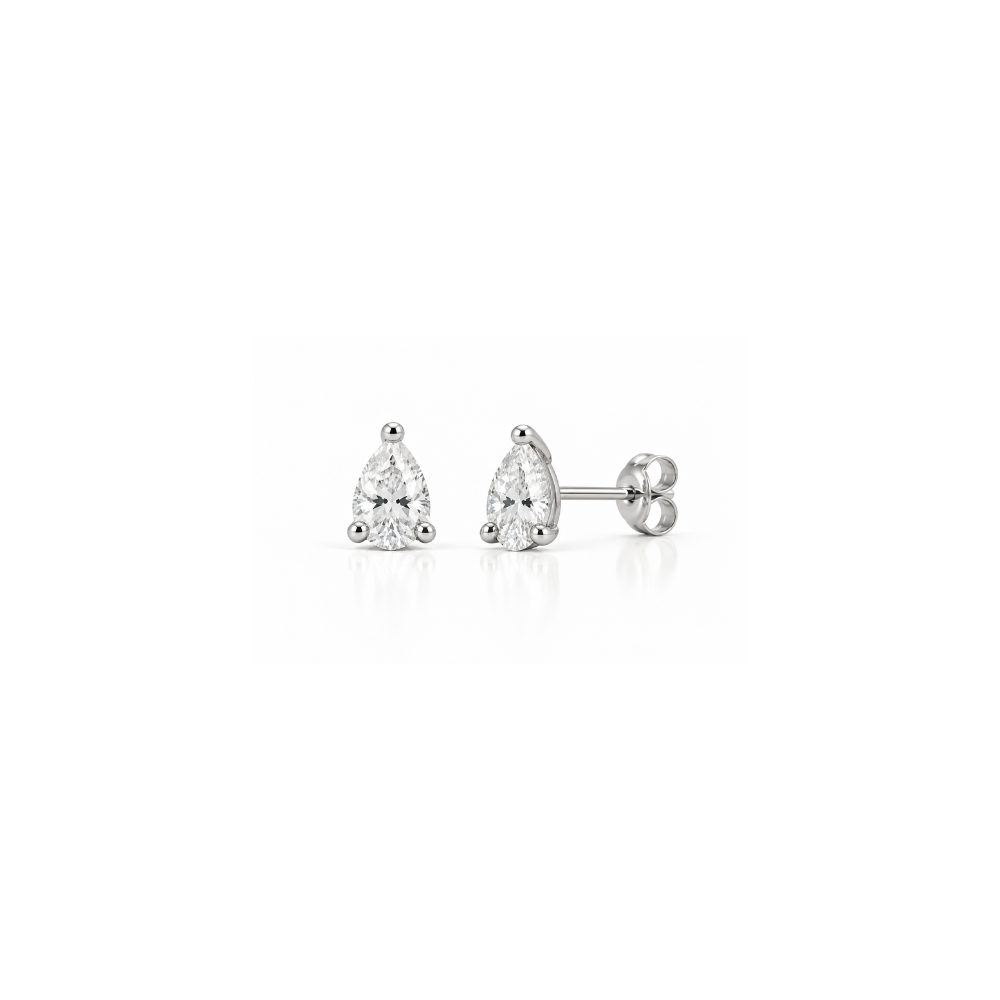 14k white gold pear-shaped lab-diamond stud earrings in a white background.