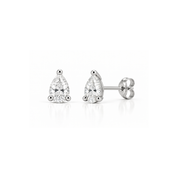 a 14k white gold pear shape diamond studs in a white background.