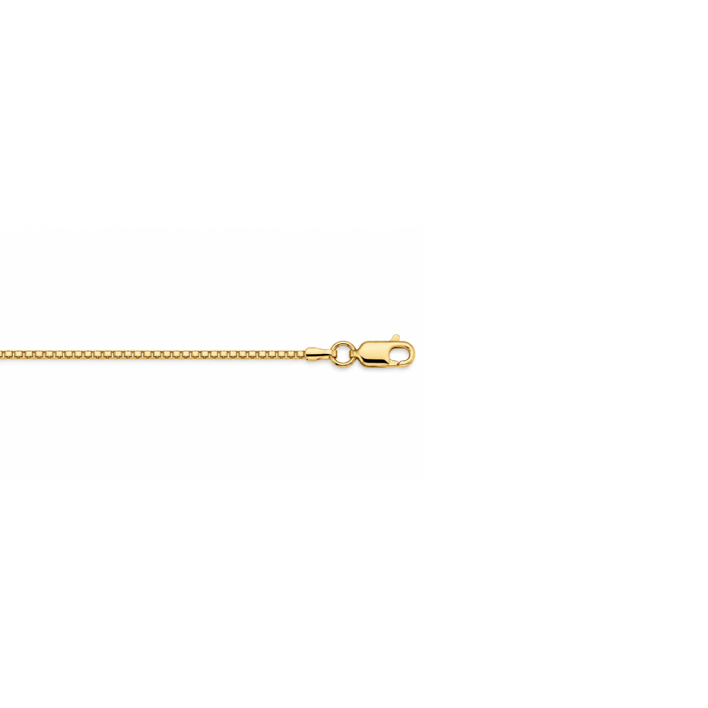 Close-up detail of a lobster clasp on a 10k yellow gold box chain necklace