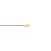 Close-up detail of a lobster clasp on a 10k yellow gold box chain necklace