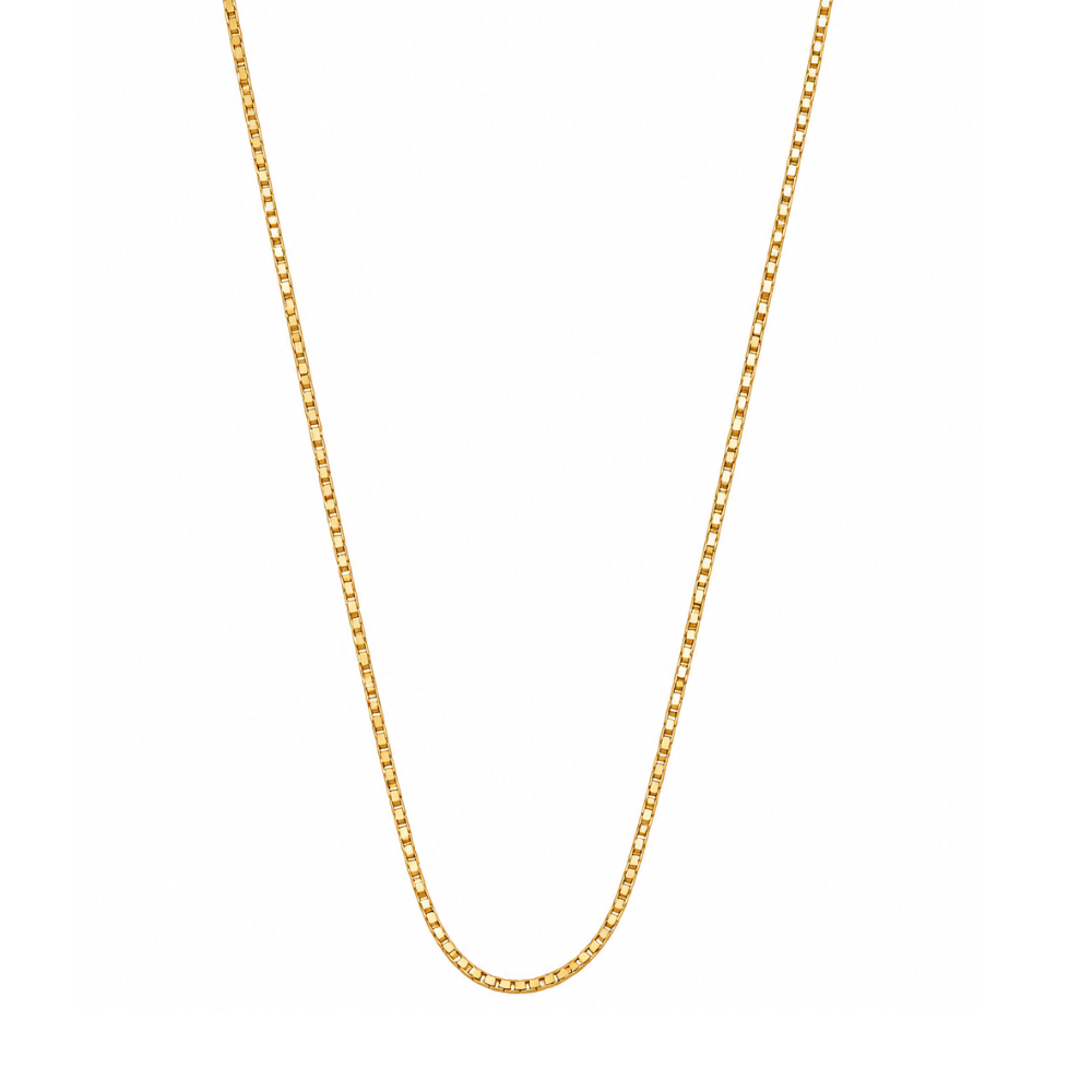 10K yellow gold box chain necklace with a polished finish, shown against a clean white background.
