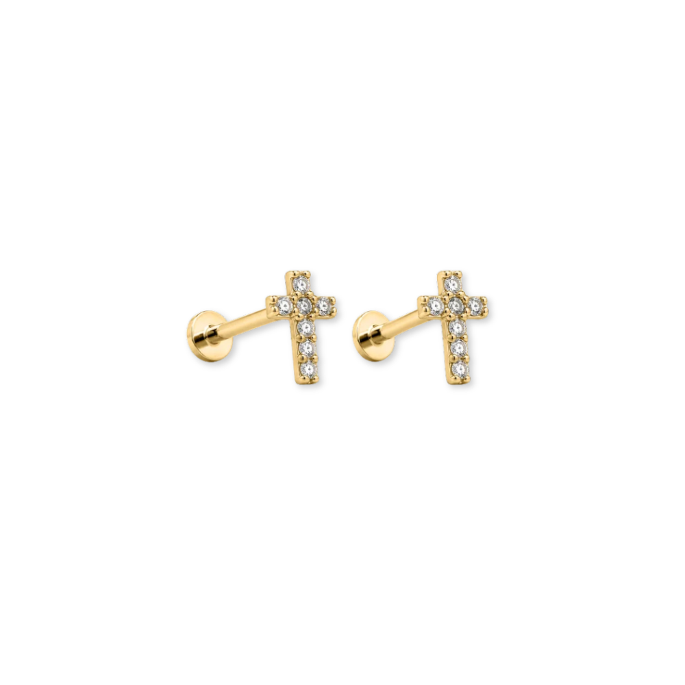 10K yellow gold cross flat back studs