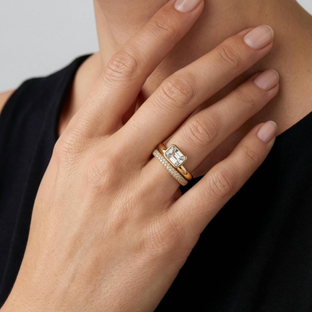 Emerald Cut Cubic Zirconia Stacking Rings worn on hand