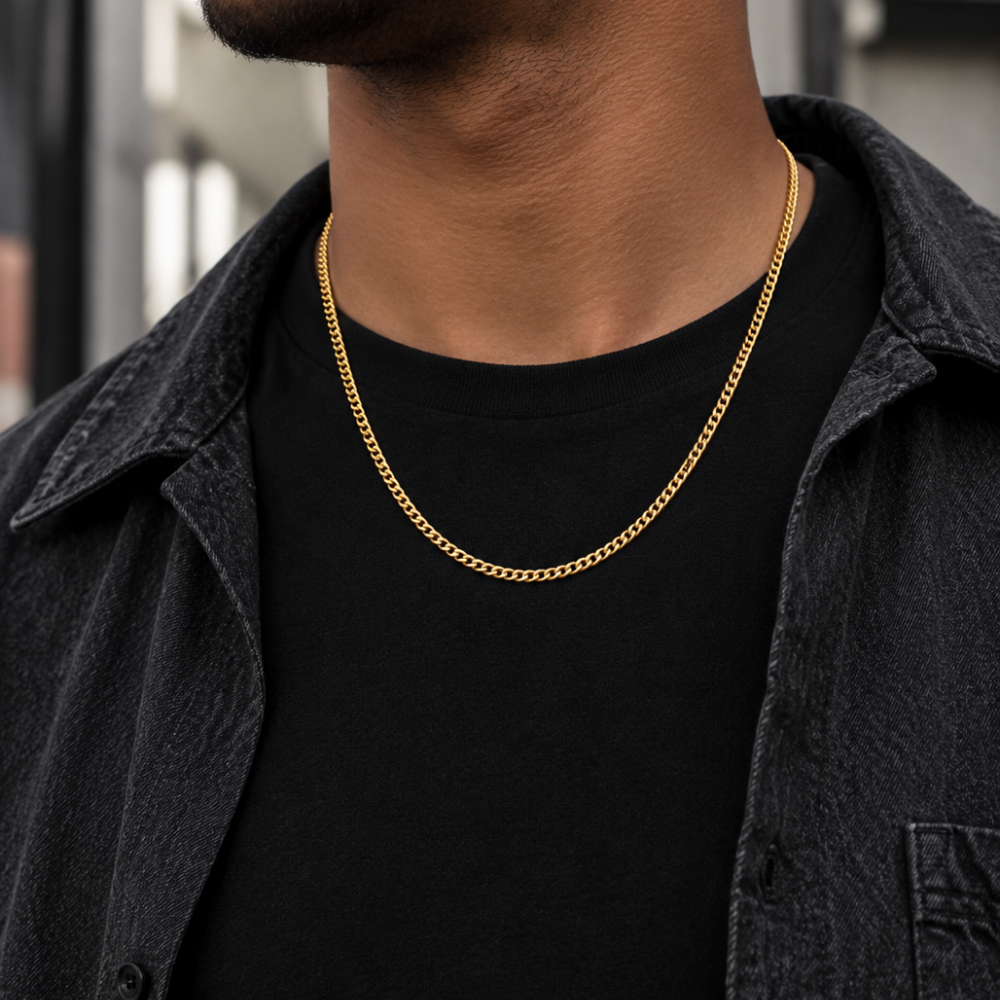 22-inch 10k yellow gold semi-solid open link chain necklace worn by a male model