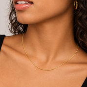 A close-up of a model wearing a delicate gold chain necklace and a gold hoop earring, showing the jewelry on the neck.