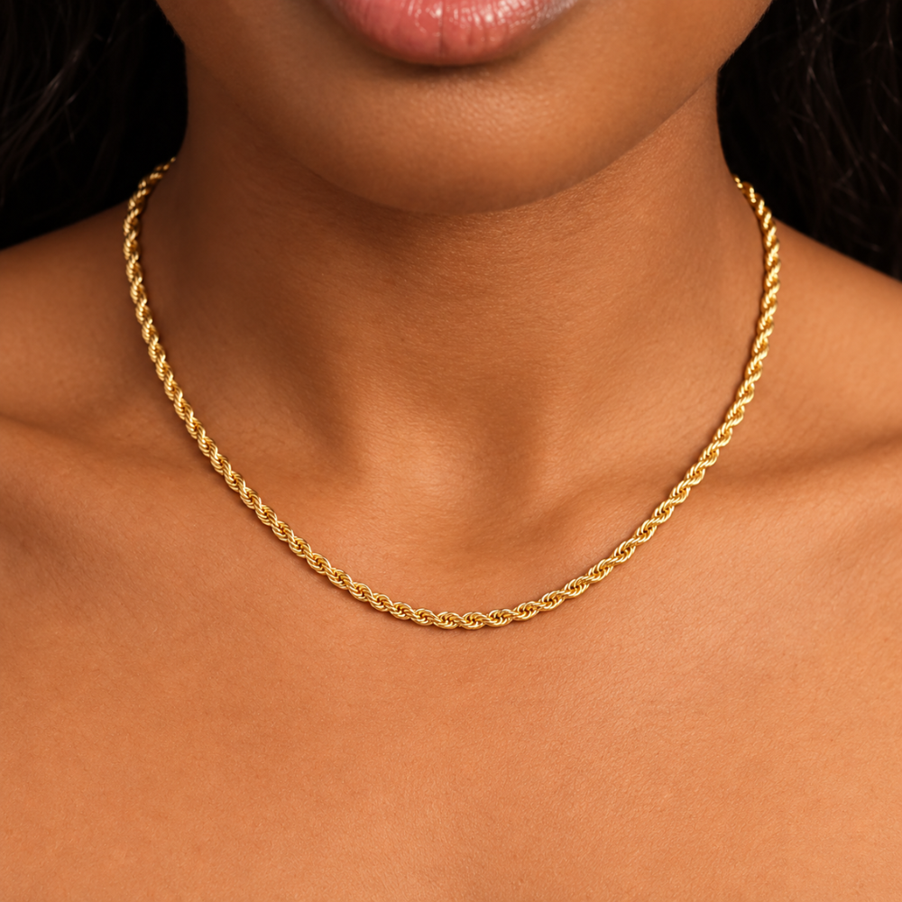 16-inch 10k yellow gold semi-solid rope chain necklace worn by a female model