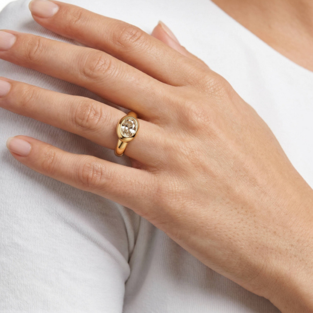 Oval Cubic Zirconia Bezel Set Ring worn on hand