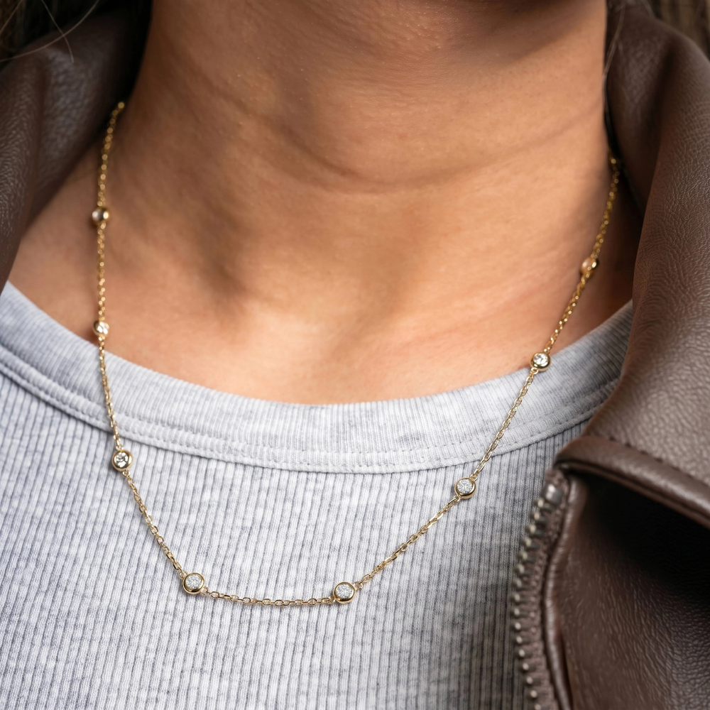 lab diamond station necklace worn by model