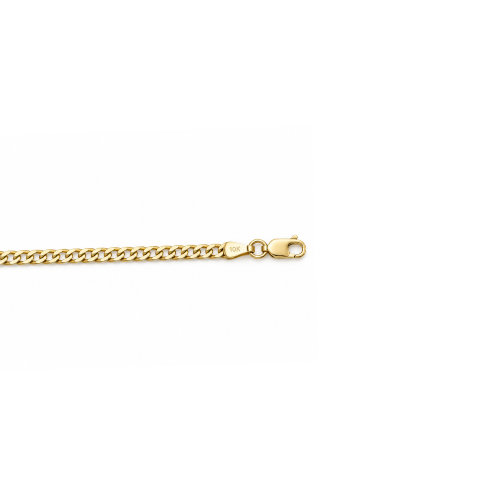 Close-up detail of a lobster clasp on a 10k yellow gold open link chain necklace