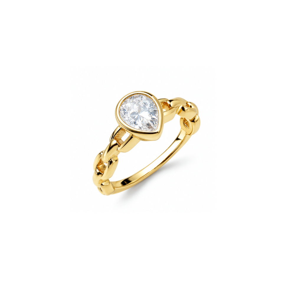 Gold plated paperclip ring with pear-shaped cubic zirconia