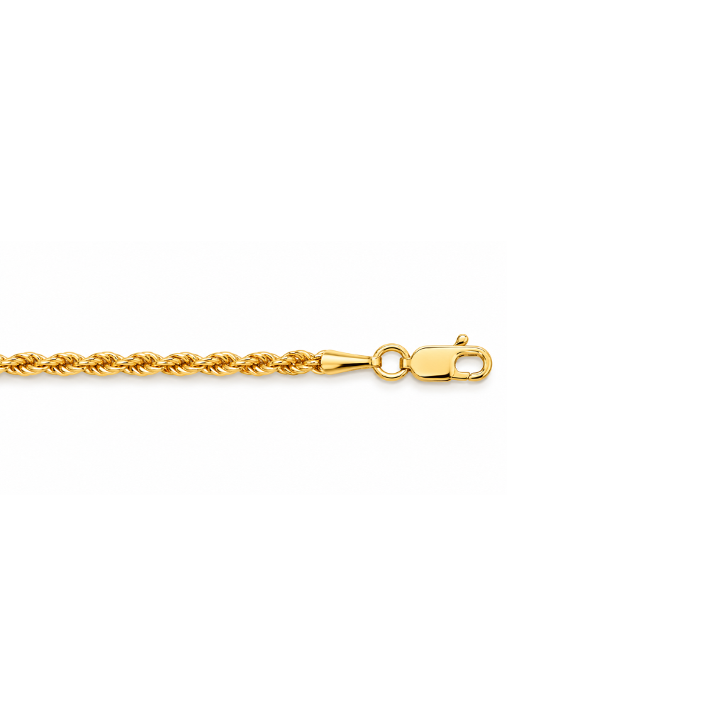 Close-up detail of a lobster clasp on a 10k yellow gold rope chain necklace