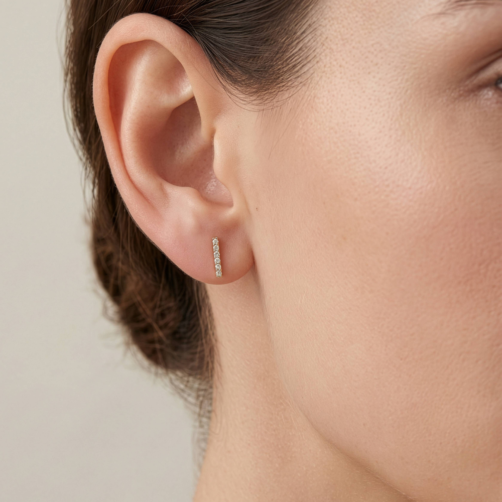lab diamond bar studs worn on ears