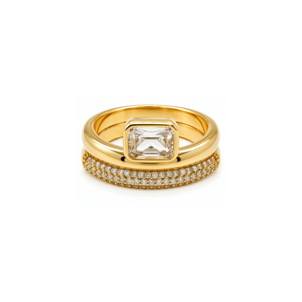Emerald Cut Cubic Zirconia Stacking Rings in 14k gold vermeil