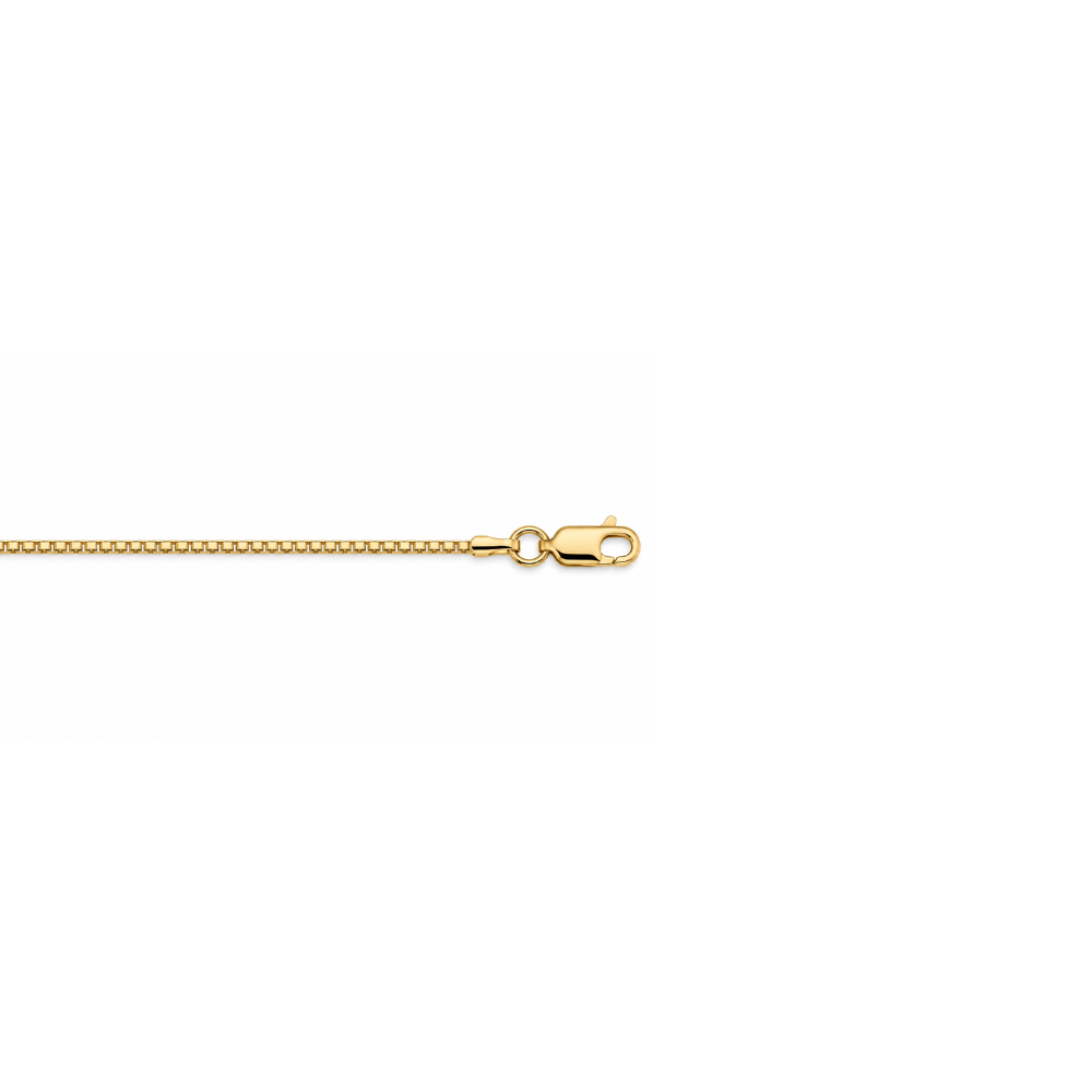 A close-up of a gold box chain necklace showing the lobster clasp end against a plain white background.