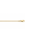 A close-up of a gold box chain necklace showing the lobster clasp end against a plain white background.