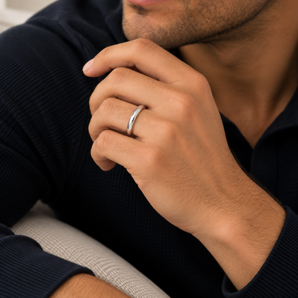 10k white gold wedding band worn by male model