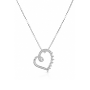 A silver heart-shaped pendant necklace with small clear stones along the outer edges, suspended from a delicate silver chain on a white background.