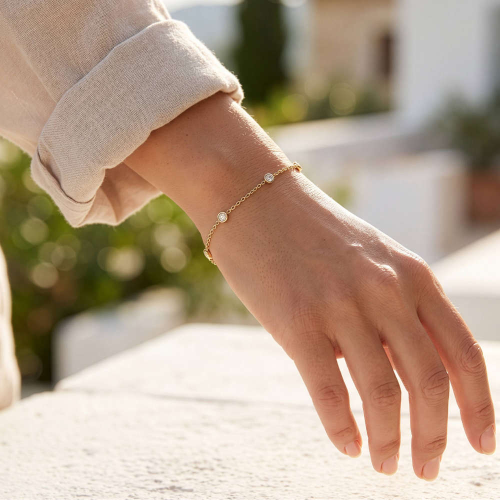 lab diamond bezel station bracelet worn on wrist