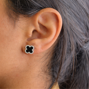 woman wearing Midnight Clover Studs close-up