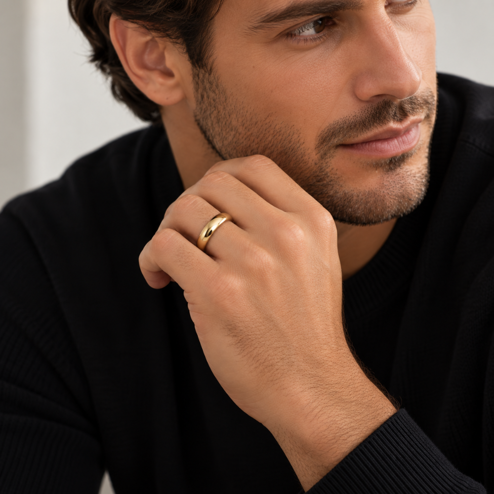 14k yellow gold 5mm band worn by male model