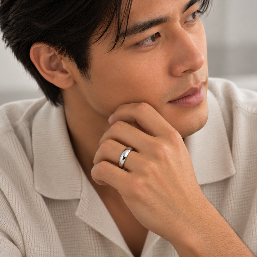 14K 5mm white gold wedding band worn by male model