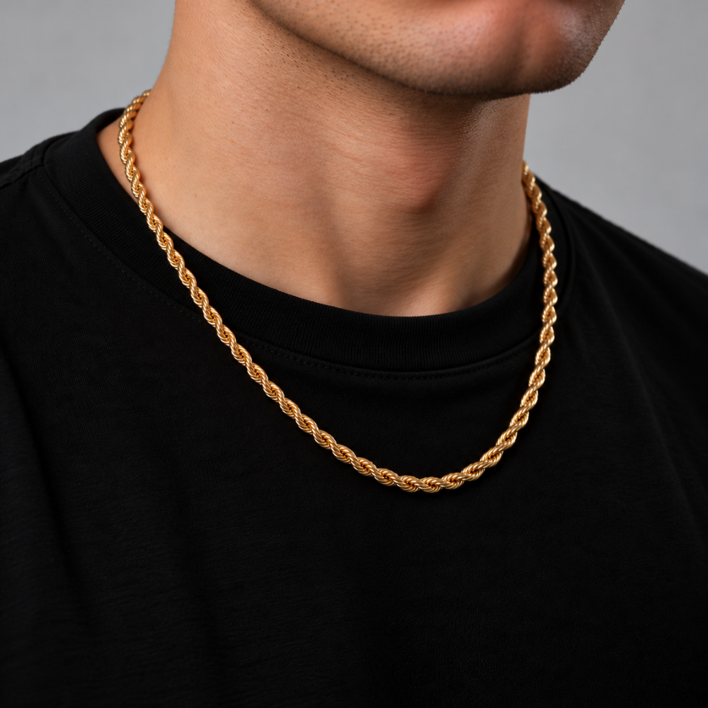 20-inch 10k yellow gold semi-solid rope chain necklace worn by a male model