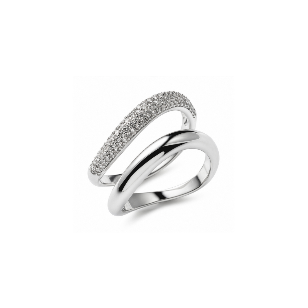 Rhodium plated pavé and polished wave rings