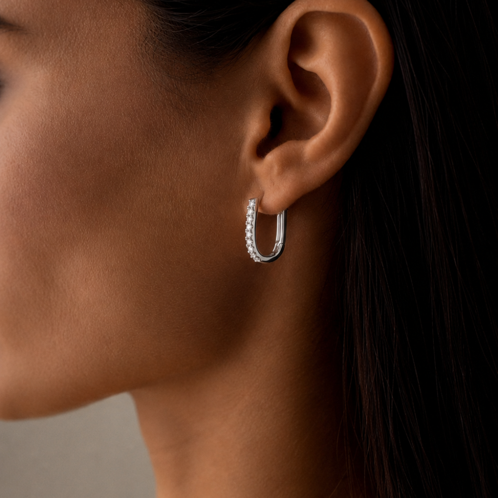 lab diamond pavé oval hoops worn on ears