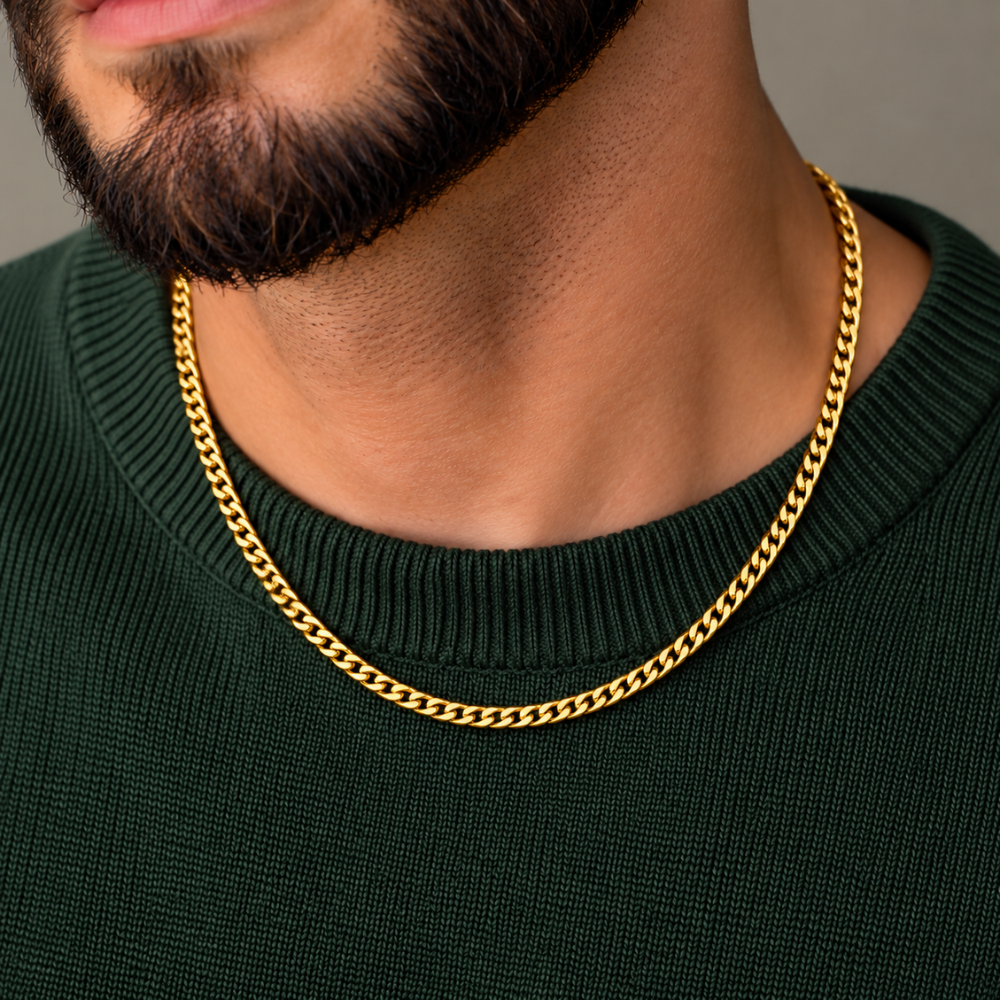 20-inch 10k yellow gold semi-solid miami cuban chain necklace worn by a malemodel