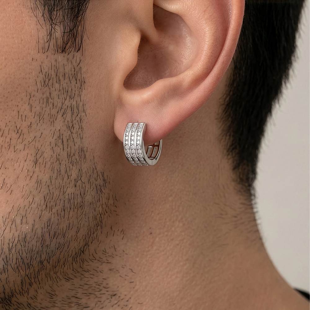 lab diamond multi-row hoops worn on ears