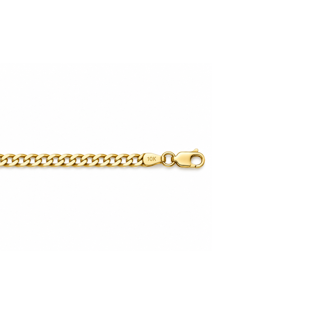 Close-up detail of a lobster clasp on a 10k yellow gold open link chain necklace