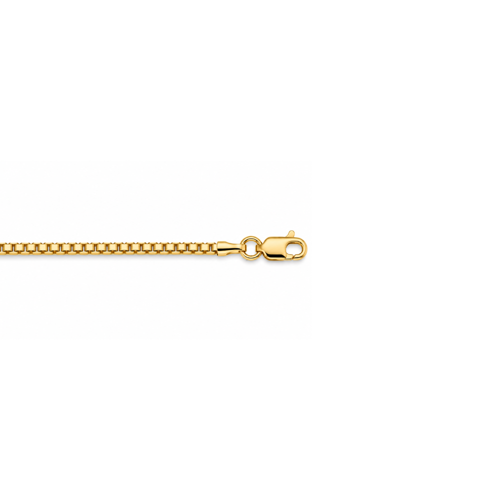 Close-up detail of a lobster clasp on a 10k yellow gold box chain necklace