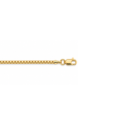 Close-up detail of a lobster clasp on a 10k yellow gold box chain necklace