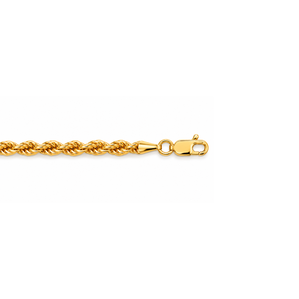 Close-up detail of a lobster clasp on a 10k yellow gold rope chain necklace