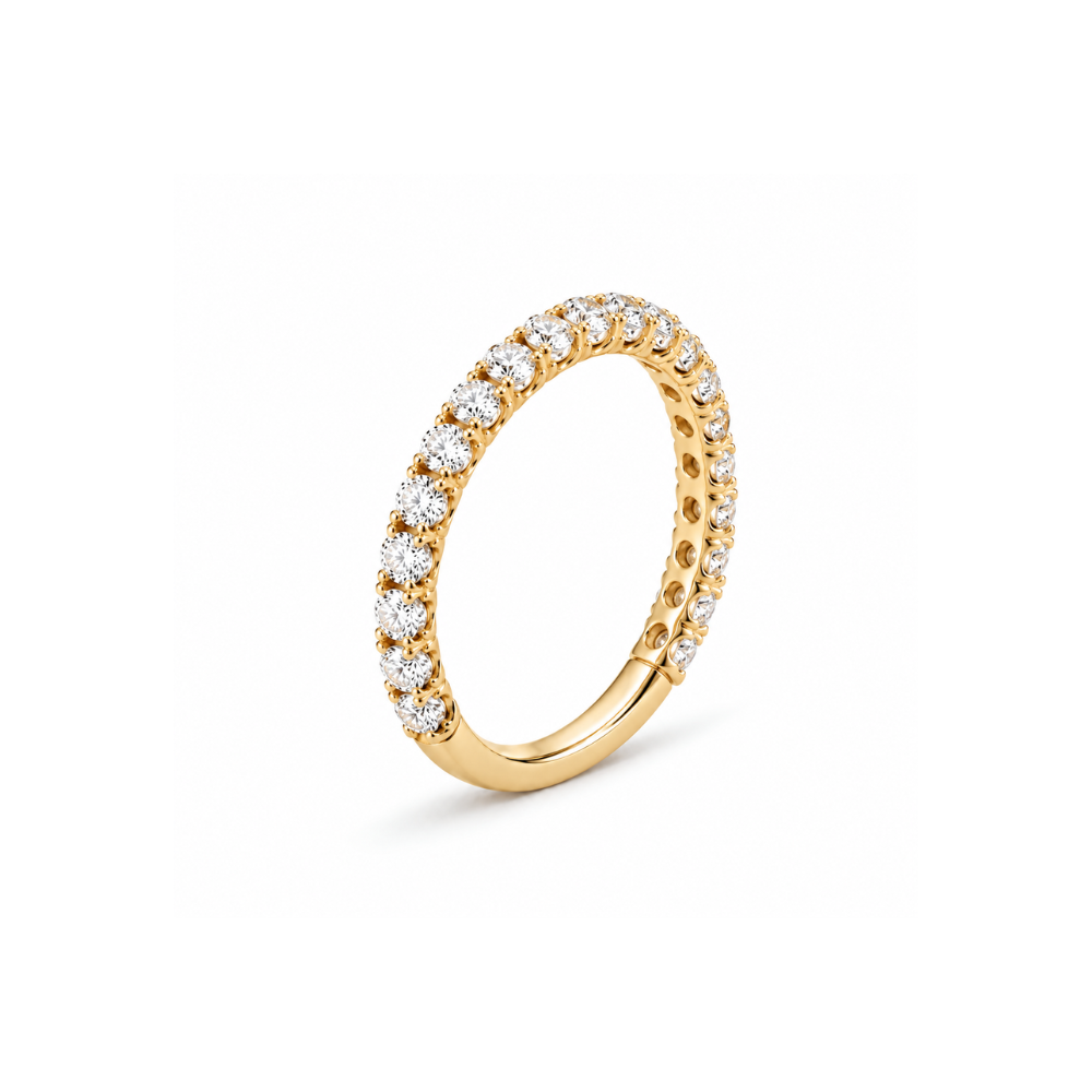 A yellow gold eternity ring featuring a continuous row of round-cut clear lab-diamonds on the outer band, shown on a clean white background.