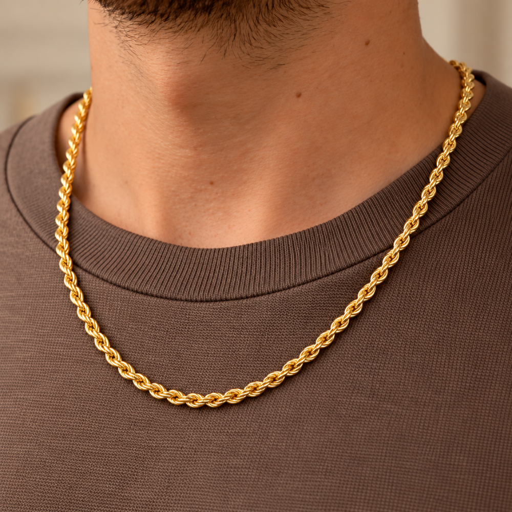 22-inch 10k yellow gold semi-solid rope chain necklace worn by a male model