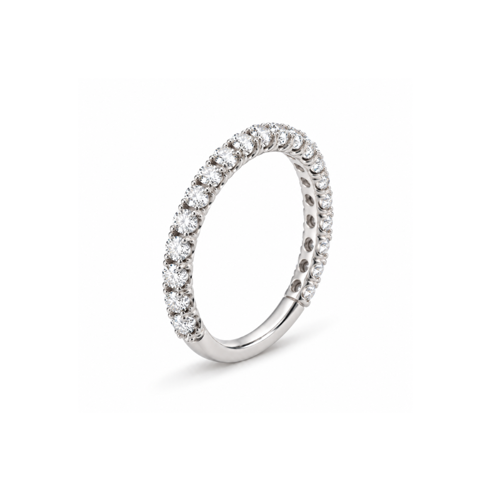 A 14k white gold diamond eternity style ring on a white background.