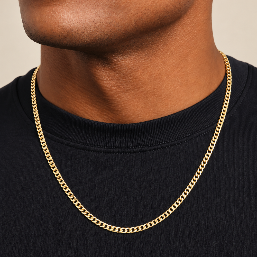 22-inch 10k yellow gold semi-solid open link chain necklace worn by a male model