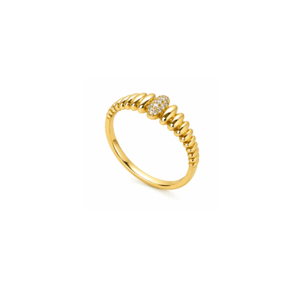 A gold ring with a textured, bubbly band and a small cluster of clear stones at the center, shown on a plain white background. 
