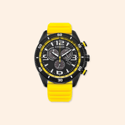 Citizen eco-drive watch with yellow strap on a beige background