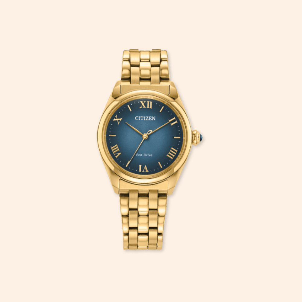 citizen eco-drive yellow steel and blue face watch