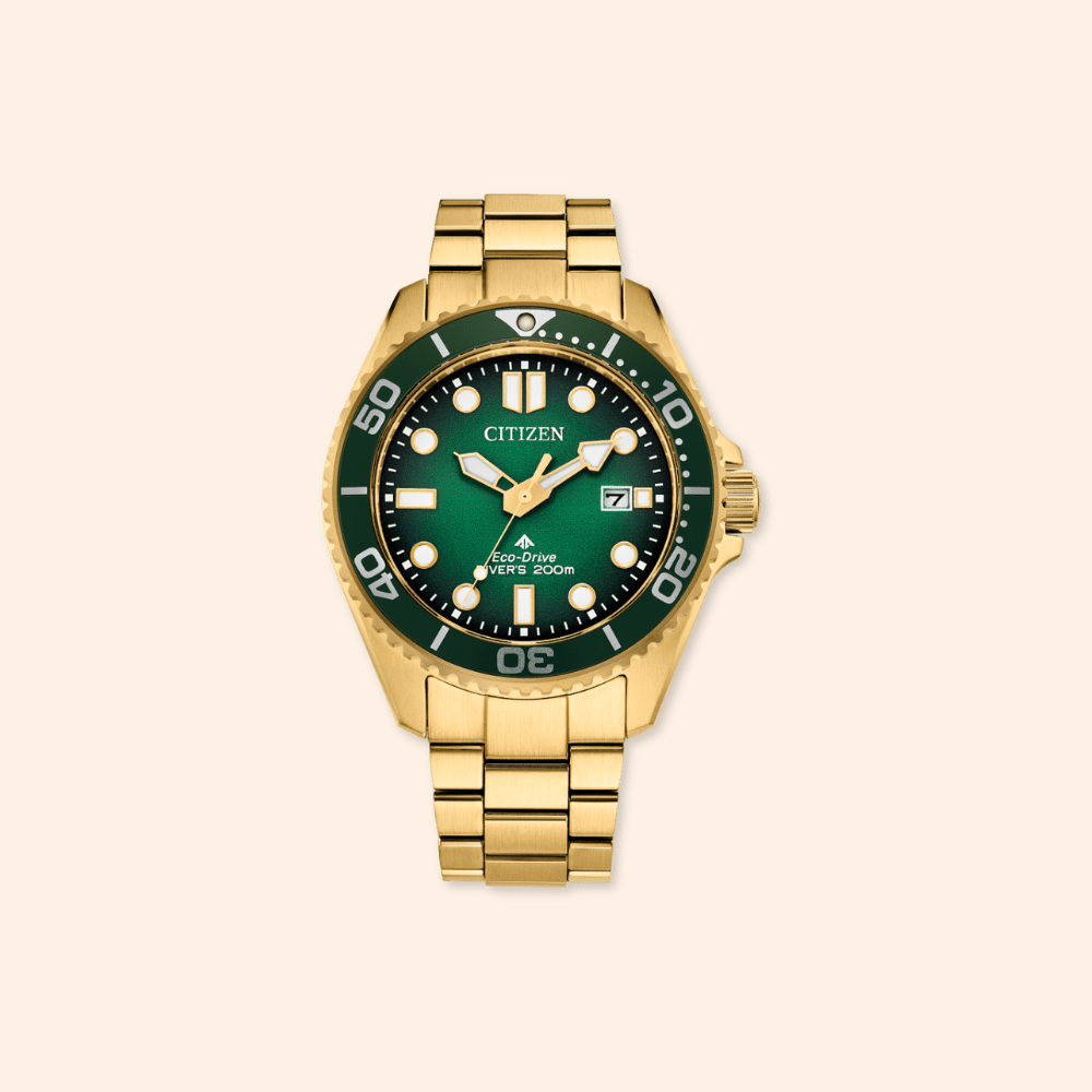 divers eco-drive citizen watch with a green dial and date display