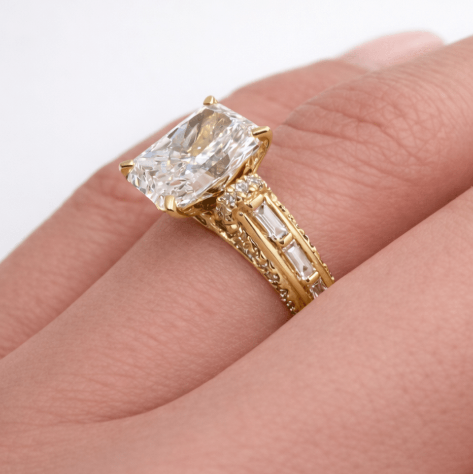 woman wearing radiant cut lab diamond engagement ring close-up