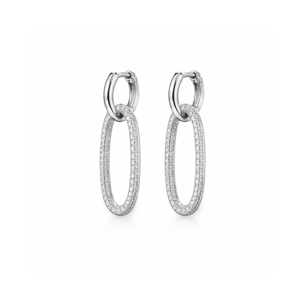 silver oval hoop earrings with cubic zirconia