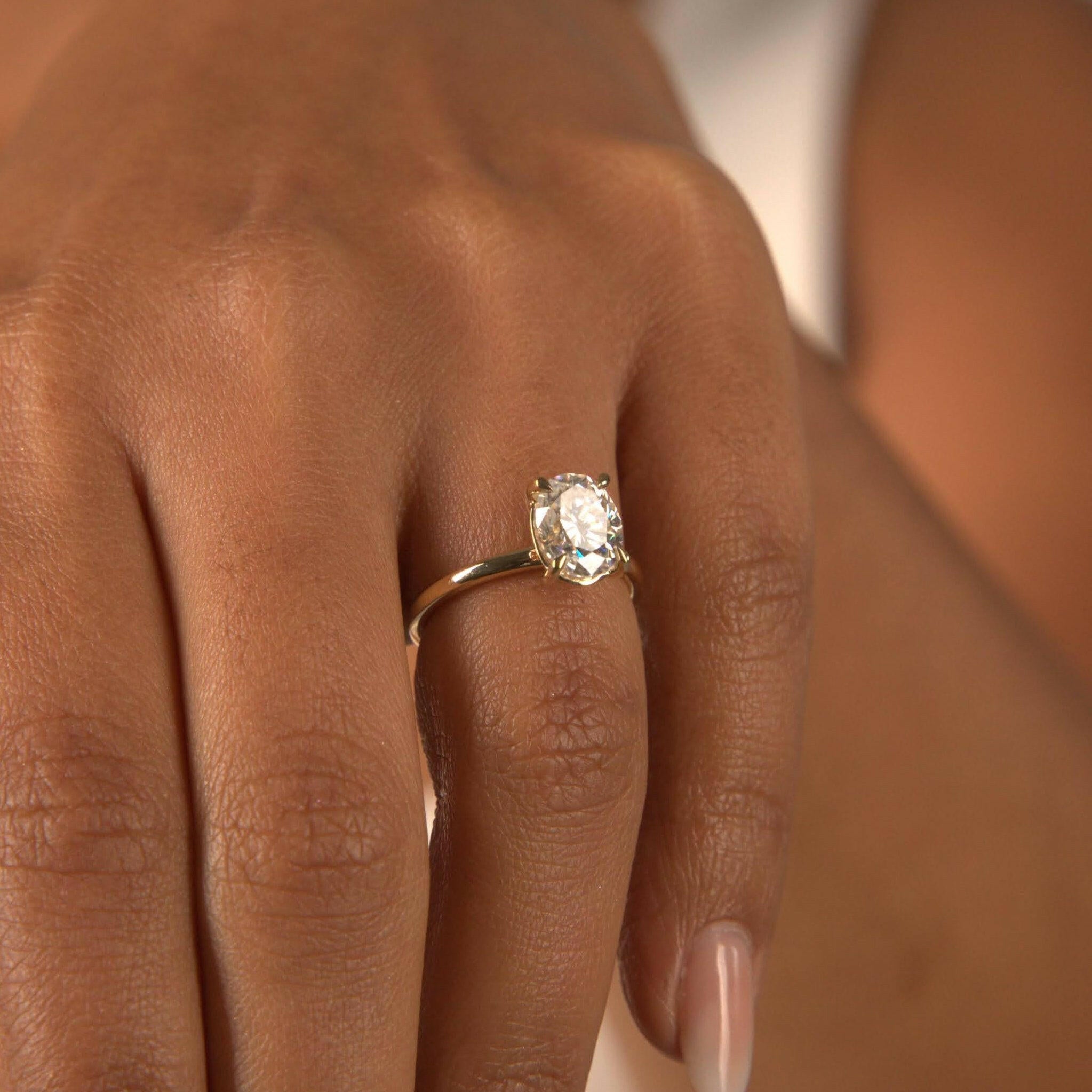 Close-up of hand wearing oval solitaire lab diamond ring with gold band