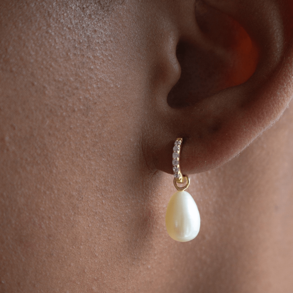 woman wearing Freshwater Pearl Drop Earrings close-up