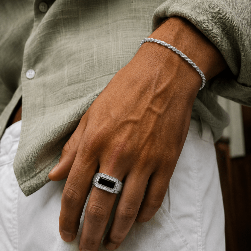 Rectangular Black Onyx & Cubic Zirconia Ring - Karen's Fine Jewellery
